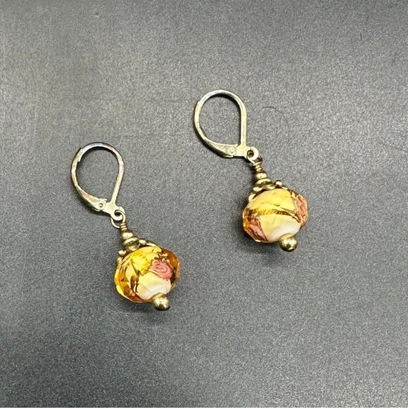 Faceted Bead Earrings Amber Pink Roses Cottagecore Dangle Drop Gold Toned - Picture 1 of 8